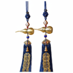 Dynasty Five Pure Copper Gourd Ornament Pair - With Porcelain Blue Tassel & Agate Bead Details