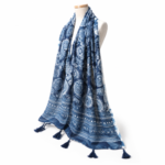 Indigo Batik Paisley Shawl - Traditional Chinese Blue & White Scarf with Tassels - Image 2
