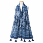 Indigo Batik Paisley Shawl - Traditional Chinese Blue & White Scarf with Tassels - Image 3